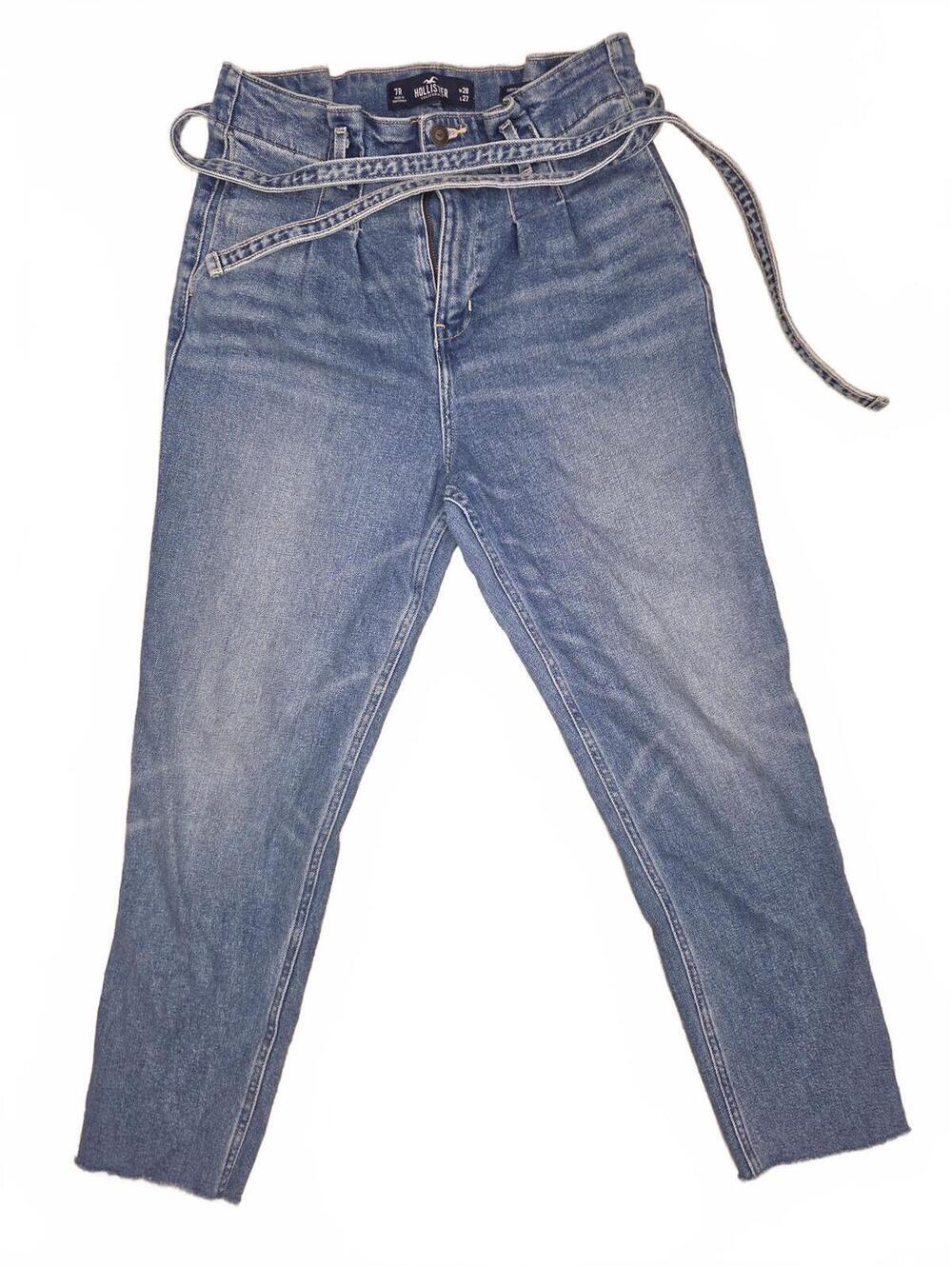Hollister Curvy Ultra High Rise Mom Jeans Womens 7R W28 L27 Tie Belt Raw Hem